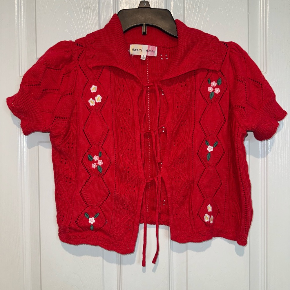 Hazel Moon Red Cardigan with Floral Embroidery. Size S